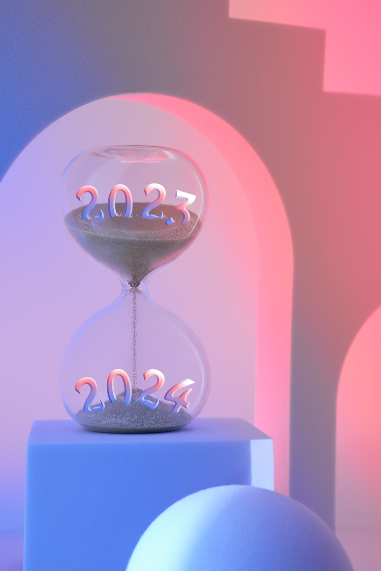 End of the Year 2023, Silverster, New Year 2024. Hourglass Withyear Numbers on Podium. Surreal Arches in Pink and Purple. Hourglass Is Also Known as Sandglass, Sand Timer or Sand Clock.