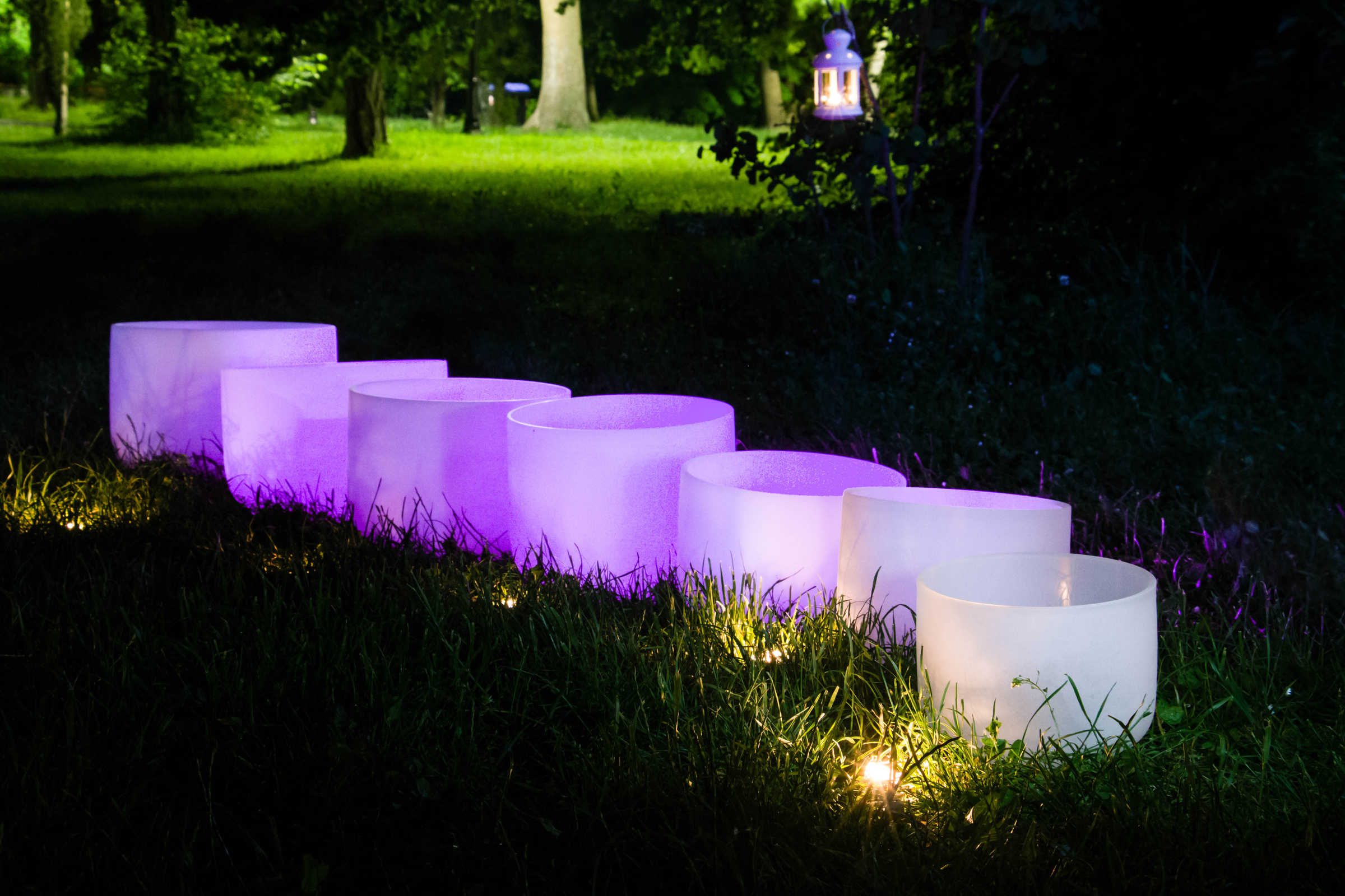 Crystal singing bowls. Buddha and meditation in the park